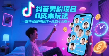 抖音男粉项目0成本玩法，一部手机即可操作，日均4张+，时间自由-课程网