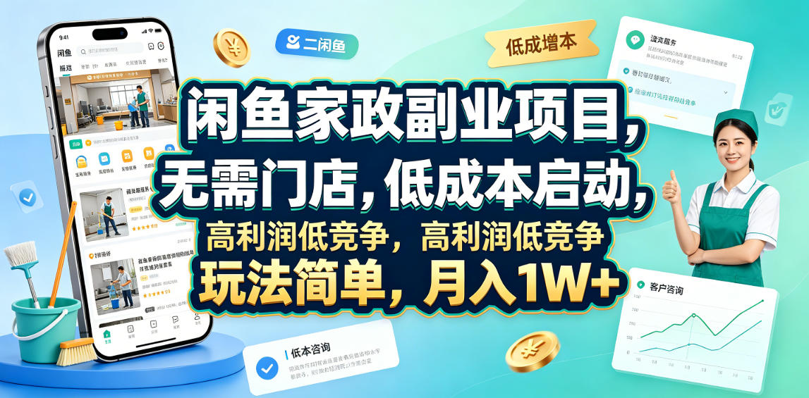 闲鱼家政副业项目，无需门店，低成本启动，高利润低竞争，玩法简单，月入1W+-课程网