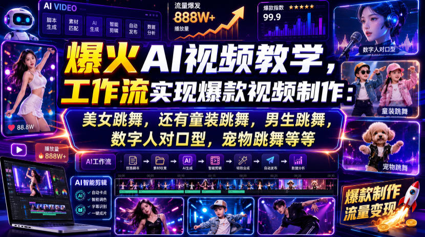 爆火AI视频教学，工作流实现爆款视频制作：美女跳舞，还有童装跳舞，男生跳舞，数字人对口型，宠物跳舞等等-课程网
