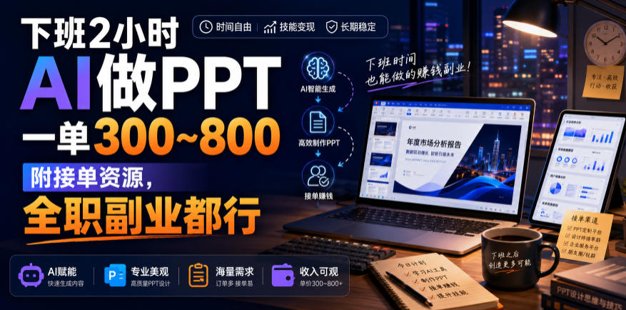 下班2小时AI做PPT，一单300~800，附接单资源，全职副业都行【揭秘】-课程网