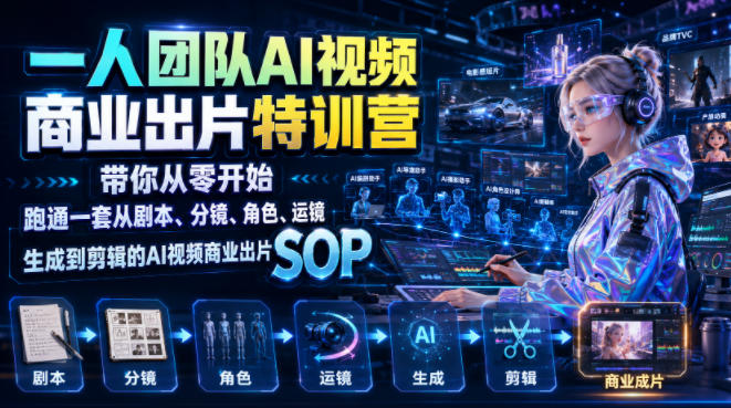 一人团队AI视频商业出片实战课：带你从零开始跑通一套从剧本、分镜、角色、运镜、生成到剪辑的AI视频商业出片SOP-课程网