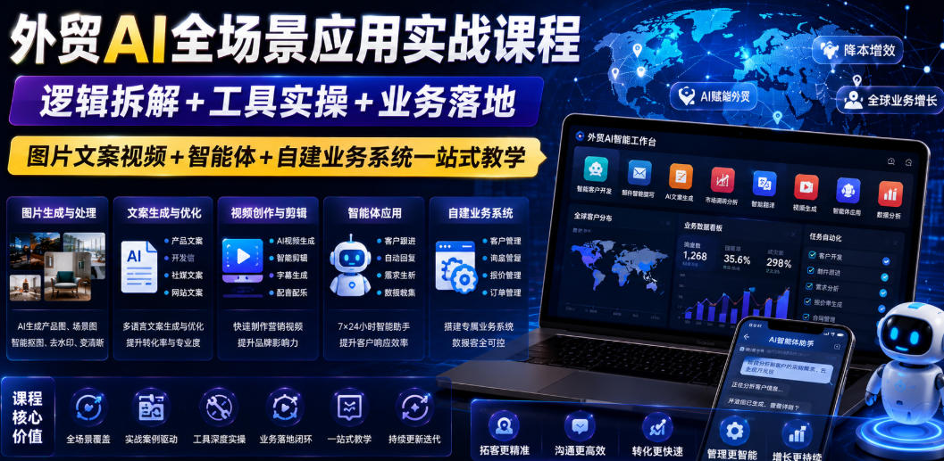 外贸AI全场景应用实战课程｜逻辑拆解+工具实操+业务落地，图片文案视频+智能体+自建业务系统一站式教学-课程网