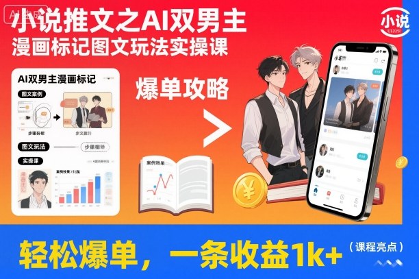 小说推文之AI双男主漫画标记图文玩法实操课，轻松爆单，一条收益1k+-课程网