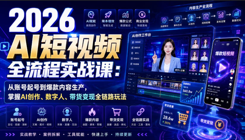 2026 AI短视频全流程实战课：从账号起号到爆款内容生产，掌握AI创作、数字人、带货变现全链路玩法-课程网