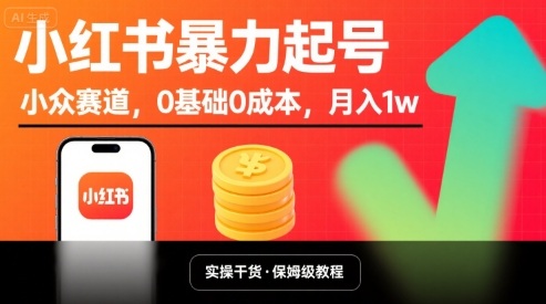 小红书暴力起号，小众赛道，0基础0成本，月入1w-课程网