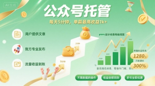 【公众号托管 】我提供文章，你发布，每天5分钟，单篇最高收益1k+【揭秘】-课程网