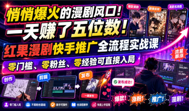 悄悄爆火的漫剧风口！一天賺了五位数！红果漫剧快手推广全流程实战课，零门槛、零粉丝、零经验可直接入局-课程网