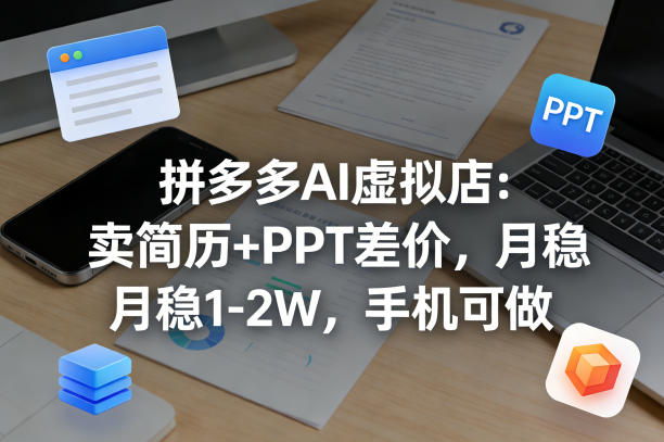 【暴力项目】拼多多AI虚拟店：卖简历+PPT差价，月稳1-2W，手机可做-课程网