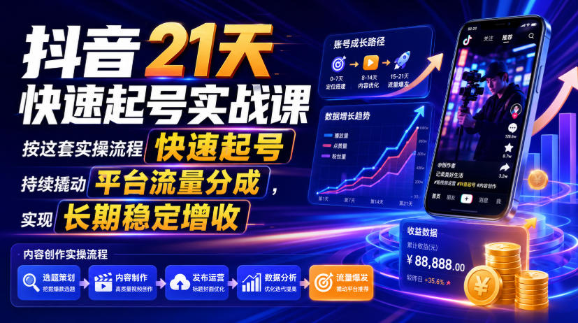 抖音21天快速起号实战课，按这套实操流程快速起号，持续撬动平台流量分成，实现长期稳定增收-课程网