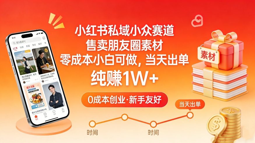 小红书私域小众赛道，售卖朋友圈素材，零成本小白可做，当天出单，月入1W+-课程网
