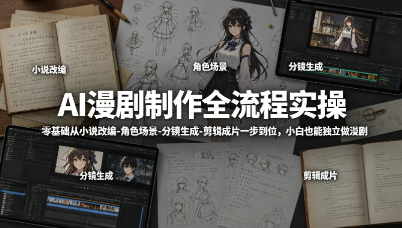 AI漫剧制作全流程实操，零基础从小说改编-角色场景-分镜生成-剪辑成片一步到位，小白也能独立做漫剧-课程网