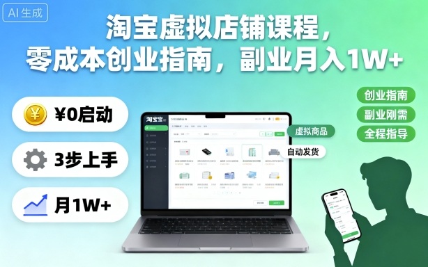 淘宝虚拟店铺课程，零成本创业指南，副业月入1W+-课程网