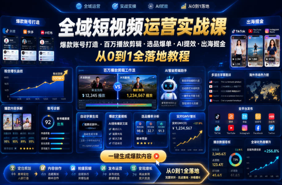 全域短视频运营实战课，爆款账号打造・百万播放剪辑・选品爆单・AI提效・出海掘金，从0到1全落地教程-课程网