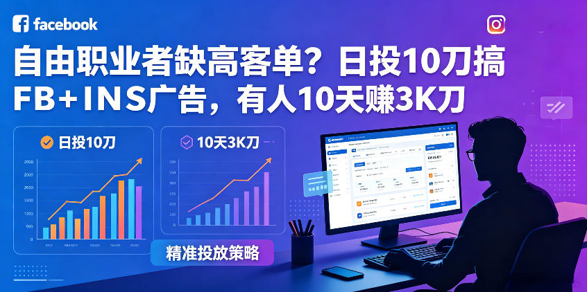 自由职业者缺高客单？日投10刀搞FB+INS广告，有人10天赚3K刀！【原创双语字幕】-课程网