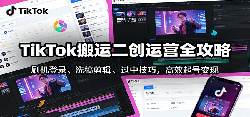 TikTok搬运二创运营全攻略：刷机登录、洗稿剪辑 、过中技巧，高效起号变现-课程网