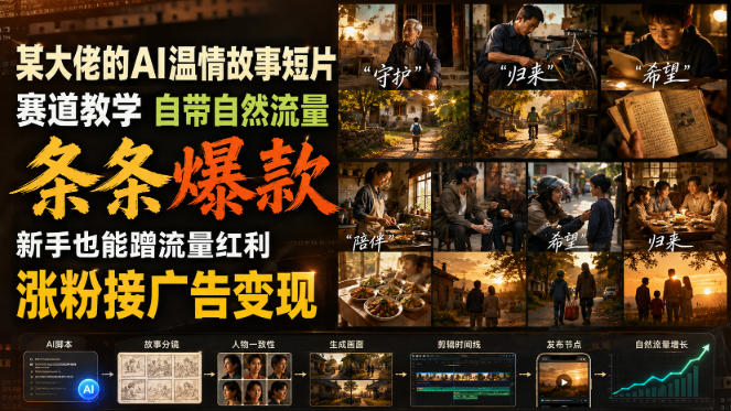 某大佬的AI温情故事短片赛道教学，自带自然流量，条条爆款，新手也能蹭流量红利，涨粉接广告变现-课程网