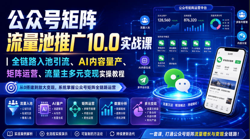 公众号矩阵流量池推广10.0实战课｜全链路入池引流、AI内容量产、矩阵运营、流量主多元变现实操教程-课程网