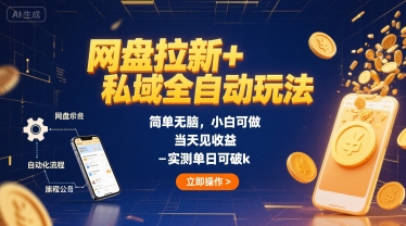 网盘拉新+私域全自动玩法，简单无脑，小白可做，当天见收益，实测单日可破k-课程网
