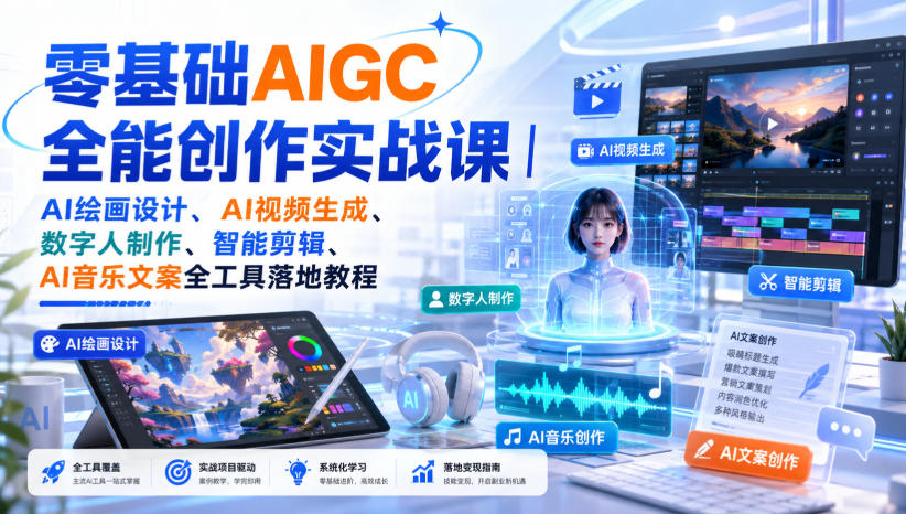 零基础AIGC全能创作实战课｜AI绘画设计、AI视频生成、数字人制作、智能剪辑、AI音乐文案全工具落地教程-课程网