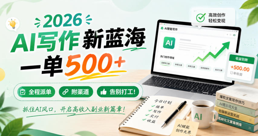 2026 AI写作新蓝海，一单500+，全程派单，附渠道，告别打工！【揭秘】-课程网