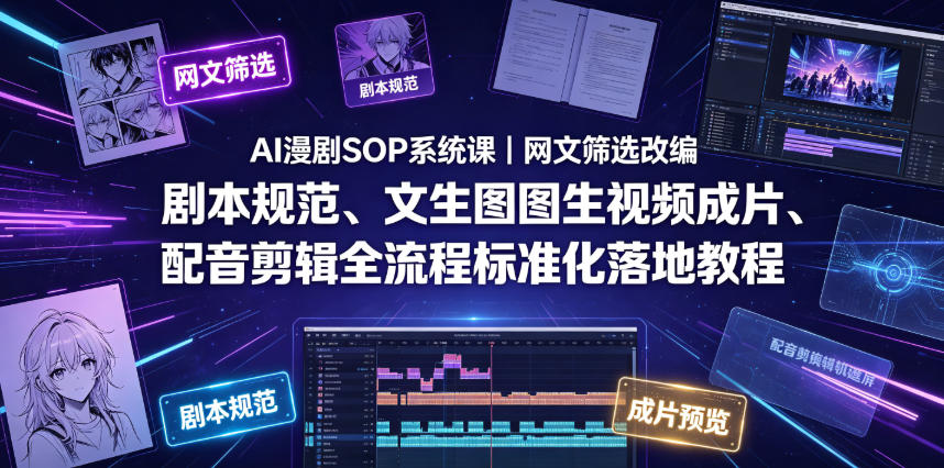 AI漫剧SOP系统课｜网文筛选改编、剧本规范、文生图图生视频成片、配音剪辑全流程标准化落地教程（更新0810）-课程网