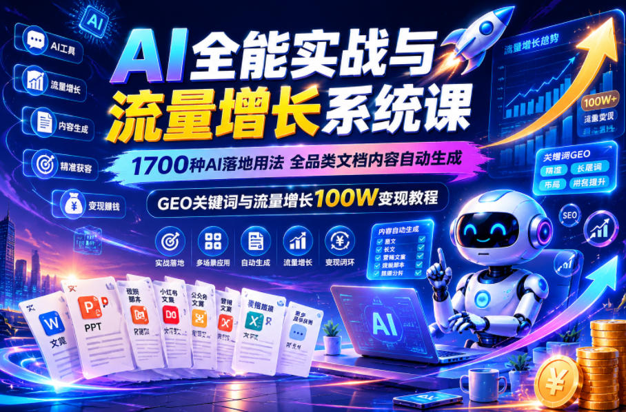 AI全能实战与流量增长系统课，1700种AI落地用法，全品类文档内容自动生成，GEO关键词与流量增长100W变现教程-课程网