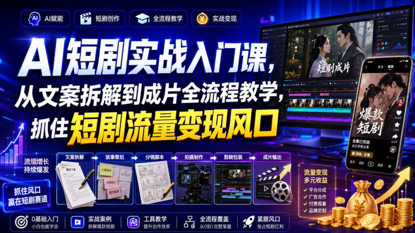 AI短剧实战入门课，从文案拆解到成片全流程教学，抓住短剧流量变现风口-课程网