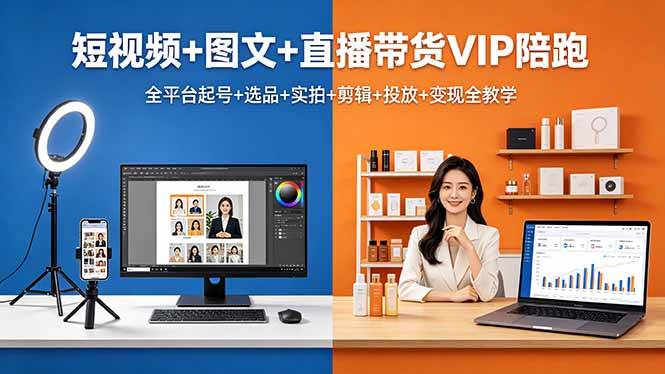 （18319期）短视频+图文+直播带货VIP陪跑，全平台起号+选品+实拍+剪辑+投放+变现全教学-课程网