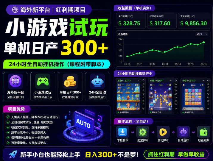 海外新平台，小游戏试玩，单机日产300+，24小时全自动挂G操作（课程附带脚本）【揭秘】-课程网