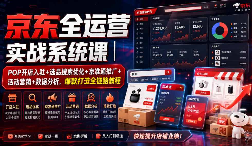 京东全运营实战系统课｜POP开店入驻+选品搜索优化+京准通推广+活动营销+数据分析，爆款打造全链路教程-课程网