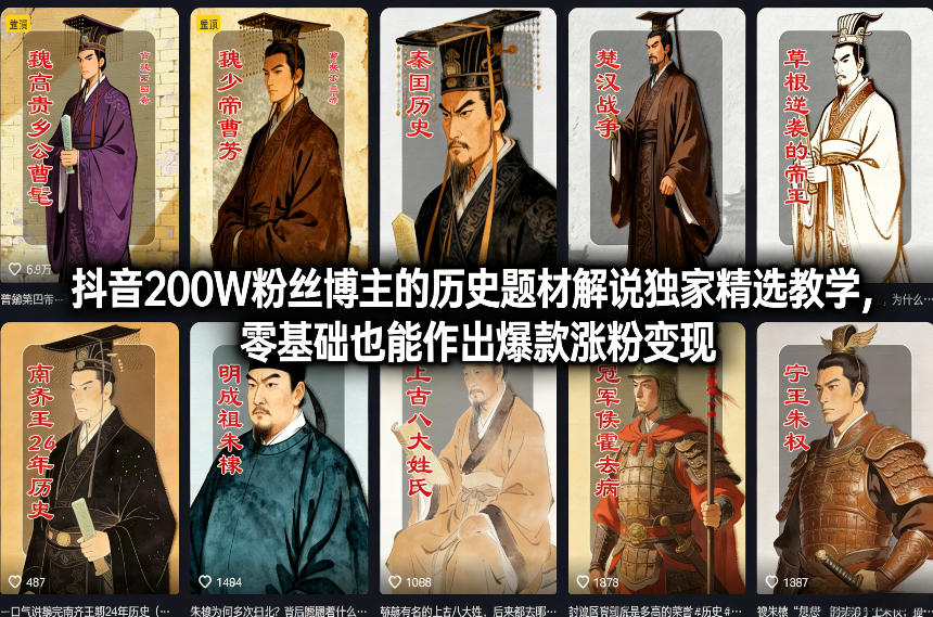 抖音200W粉丝博主的历史题材解说独家精选教学，零基础也能作出爆款涨粉变现-课程网