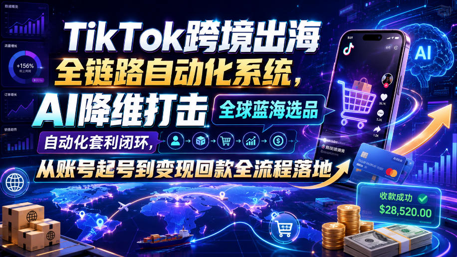 TikTok跨境出海全链路自动化系统，AI降维打击全球蓝海选品自动化套利闭环，从账号起号到变现回款全流程落地（2026年7月）-课程网