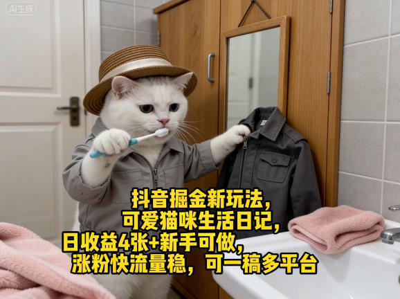 抖音掘金新玩法，可爱猫咪生活日记，日收益4张+新手可做，涨粉快流量稳，可一稿多平台-课程网