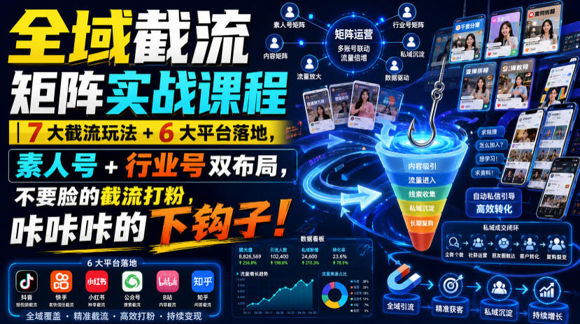 全域截流矩阵实战课程｜7大截流玩法+6大平台落地，素人号+行业号双布局，不要脸的截流打粉，咔咔咔的下钩子！-课程网