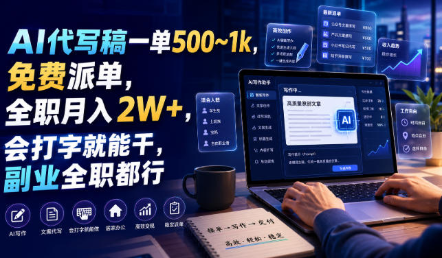 AI代写稿一单500~1k，免费派单，全职月入2W+，会打字就能干，副业全职都行【揭秘】-课程网