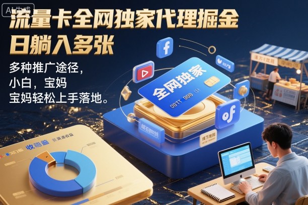 流量卡全网独家代理掘金，日躺入多张，多种推广途径，小白，宝妈轻松上手落地-课程网
