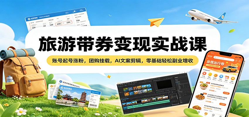 旅游带券变现实战课：账号起号涨粉，团购挂载，AI文案剪辑，零基础轻松副业增收-课程网