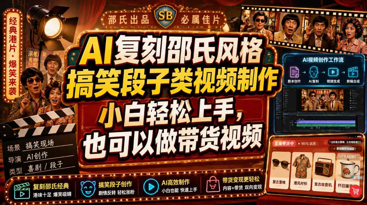 AI复刻邵氏风格搞笑段子类视频制作，小白轻松上手，也可以做带货视频-课程网