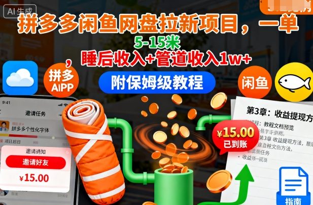 拼多多闲鱼网盘拉新项目，一单5-15米，睡后收入+管道收入1w+（附保姆级教程）-课程网