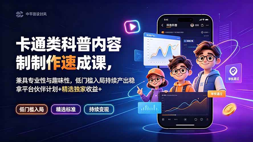 （19234期）卡通类科普内容制作速成课，兼具专业性与趣味性，低门槛入局持续产出稳拿平台伙伴计划+精选独家收益-课程网