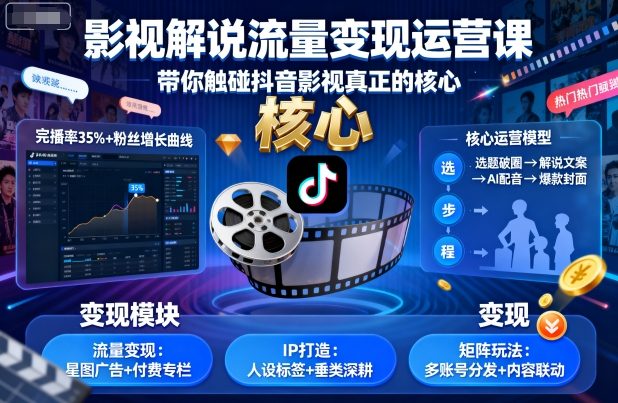 影视解说流量变现运营课，带你触碰抖音影视真正的核心-课程网