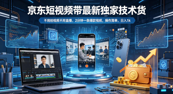京东短视频带货最新独家技术，不用拍视频不用直播，2分钟一条爆款视频，操作简单，日入1k+【揭秘】-课程网