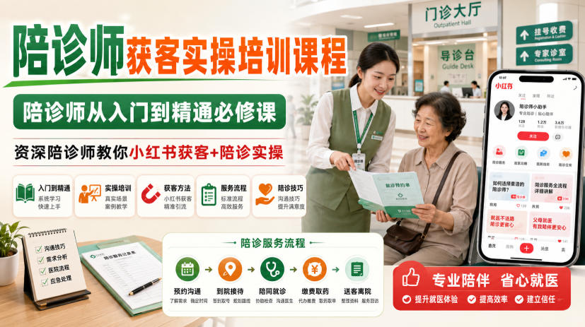 陪诊师获客实操培训课程，陪诊师从入门到精通必修课，资深陪诊师教你小红书获客+陪诊实操-课程网