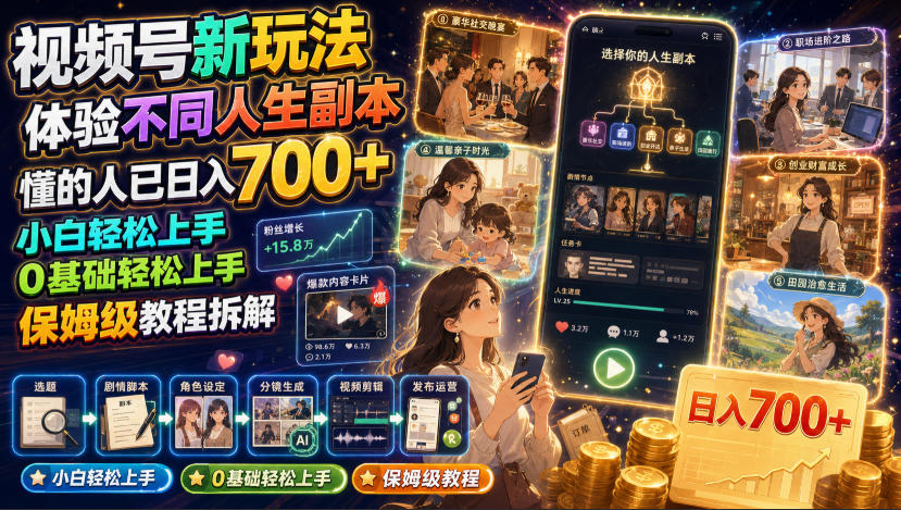 视频号新玩法体验不同人生副本，懂的人已日入700+，小白轻松上手，0基础轻松上手，保姆级教程拆解-课程网