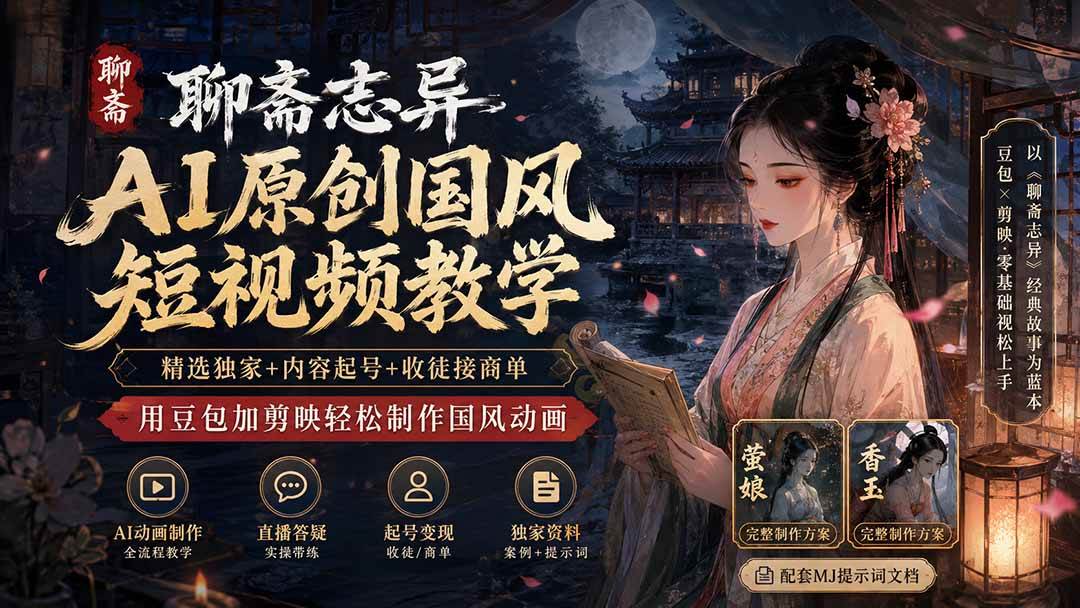 （19834期）聊斋志异AI原创国风短视频教学；精选独家+内容起号+收徒接商单，用豆包加剪映轻松制作国风动画-课程网