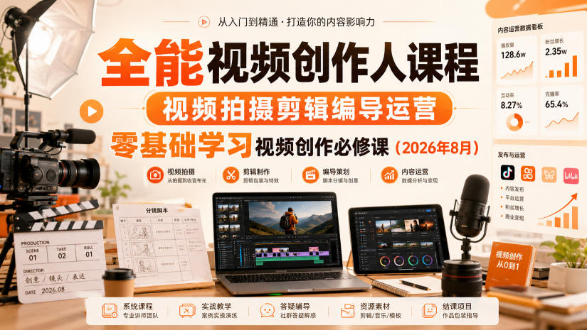全能视频创作人课程，视频拍摄剪辑编导运营，零基础学习视频创作必修课（2026年8月）-课程网