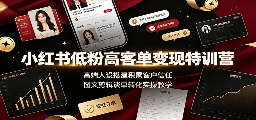 小红书低粉高客单变现特训营：高端人设搭建积累客户信任，图文剪辑谈单转化实操教学-课程网