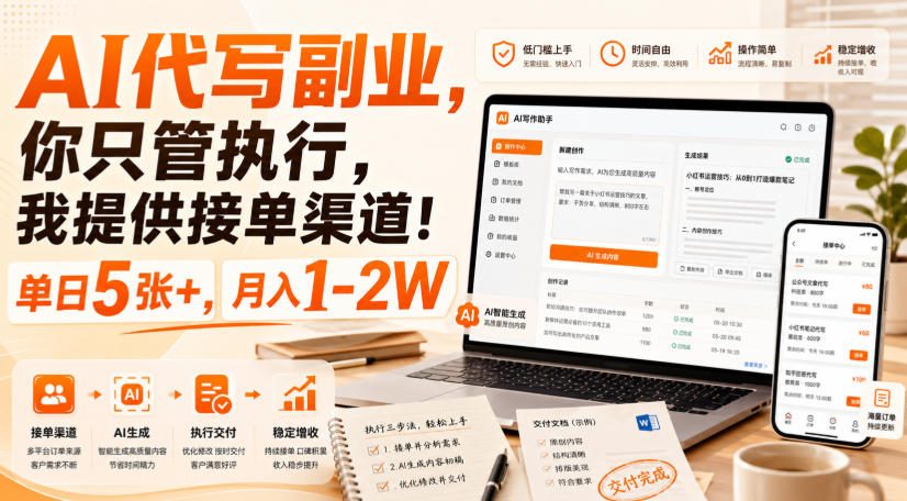 AI代写副业，你只管执行，我提供接单渠道！单日5张+，月入1-2W【揭秘】-课程网