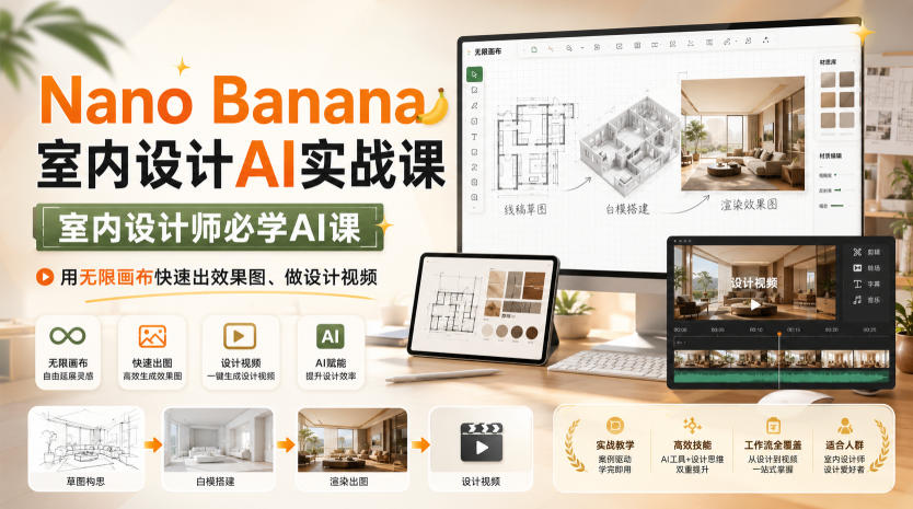 Nano Banana室内设计AI实战课，室内设计师必学AI课，用无限画布快速出效果图、做设计视频-课程网