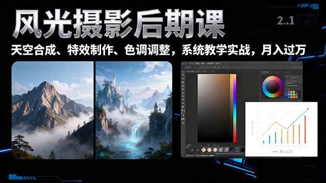 风光摄影后期课，一键换天空合成、特效制作、色调调整，月入过万-课程网